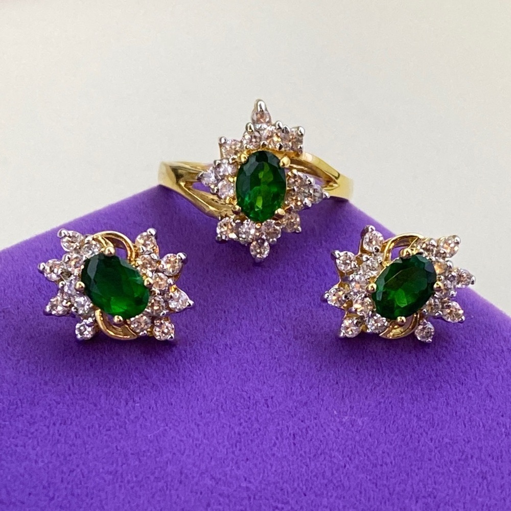 💛 Gold Plated Green Gemstone & CZ Halo Jewelry Set | Ring & Stud Earrings